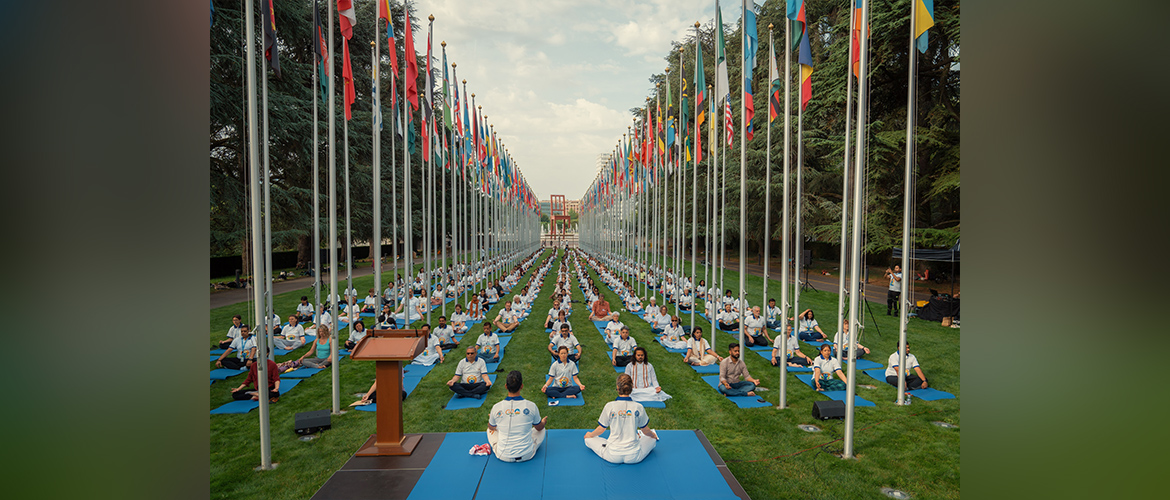  Yoga partners guiding performance of Common Yoga Protocol to over 500 members of the diverse international community at the Celebration of 9th International Day of Yoga organized by Permanent Mission of India to the UN and other IOs at Palais des Nations.