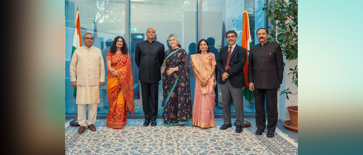  PRs of India to the UN and other IOs, CD, WTO along with spouses, and the Consul General standing for welcoming guests at the Reception to celebrate 77th Independence Day of India