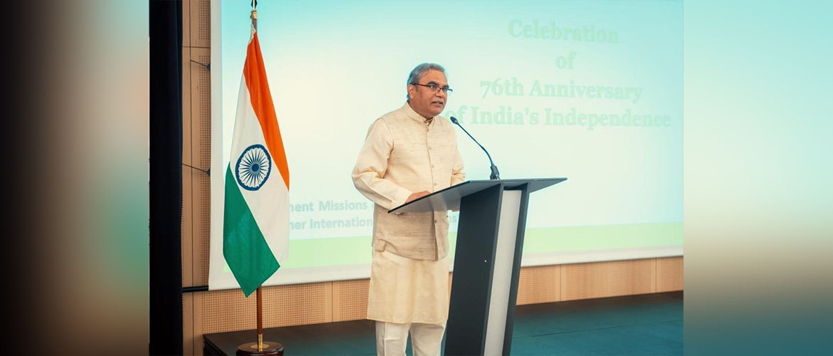  Amb. Indra Mani Pandey, PR of India to the UN and other IOs addressing over 400 members of international and Indian communities at the Reception to celebrate 77th Independence Day of India