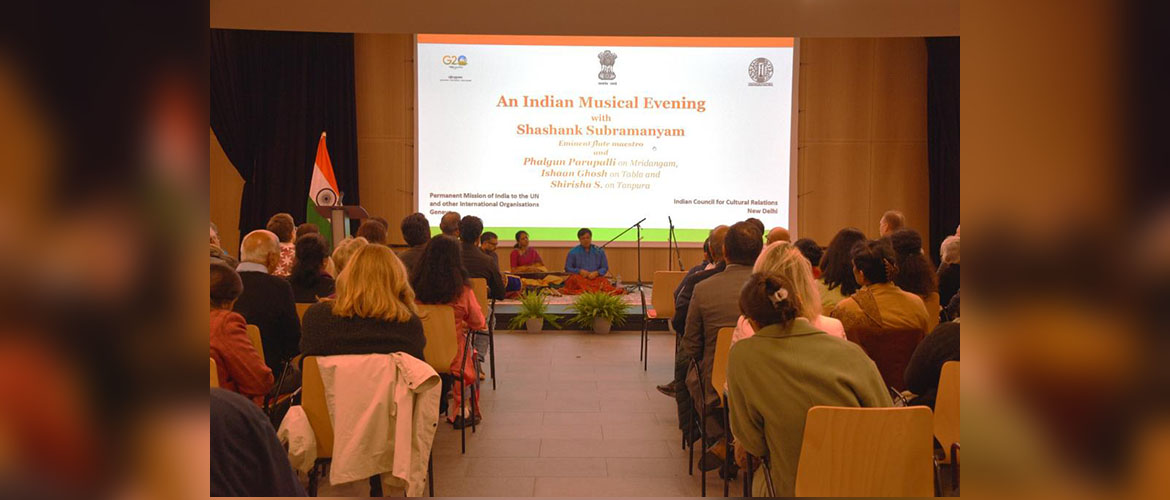  	
ICCR troupe led by Flute Maestro Shashank Subramanyam enthralling over 200 members of international and Indian communities at An Indian Musical Evening at the PMI Auditorium