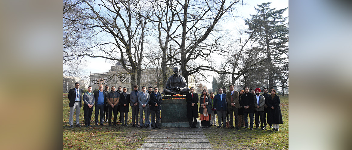  H.E. Mr. Arindam Bagchi, Permanent Representative of India to the United Nations and other International Organizations in Geneva led Team India in paying floral tribute to Gandhi ji on his Punya Tithi in Ariana Park, Geneva.