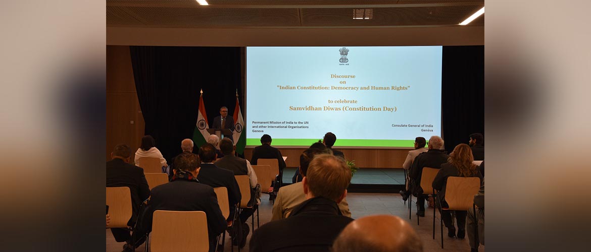  Amb. Indra Mani Pandey, PR of India to the UN and other IOs addressing members of the international and Indian communities on the occasion of celebration of Samvidhan Diwas (Constitution Day) in Geneva