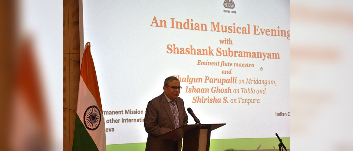  	
Amb. Indra Mani Pandey, PR of India to the UN and other IOs addressing participants at An Indian Musical Evening organized by Permanent Mission of India to the UN and other IOs in collaboration with ICCR