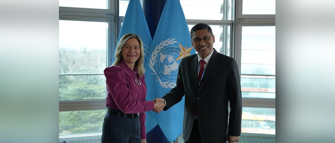  	
H.E. Mr. Arindam Bagchi, PR of India to the UN and other International Organizations in Geneva met Secretary General, WMO Prof. Celeste Saulo and discussed deepening collaboration in priority areas of early warning systems & adaptation tools for resilience to weather and water-related hazards

4 March 2024
