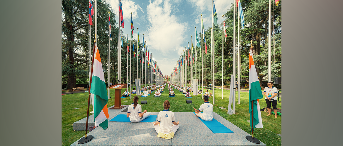  8th International Day of Yoga at Alley of the Flags, Palais des Nations, UN Offices in Geneva