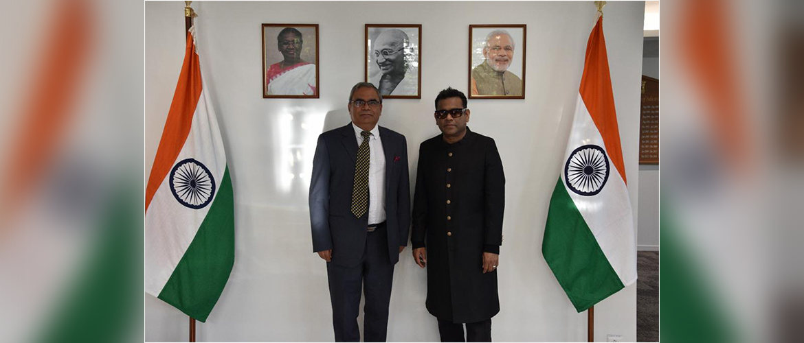  Amb. Indra Mani Pandey, PR of India to the UN and other IOs and world renowned Indian music composer, singer, song-writer, music producer, multi-instrumentalist and philanthropist A. R. Rahman posing for a Photo Op